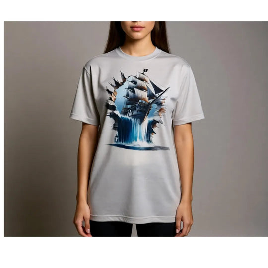 Frau trägt beiges Unisex T-Shirt mit Piratenschiff-Motiv, moderner lässiger Schnitt und hochwertiger Druck