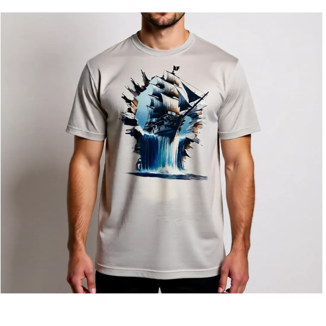 Mann trägt Unisex T-Shirt mit Piratenschiff-Motiv auf der Vorderseite, handgefertigter Druck und angenehmer Tragekomfort