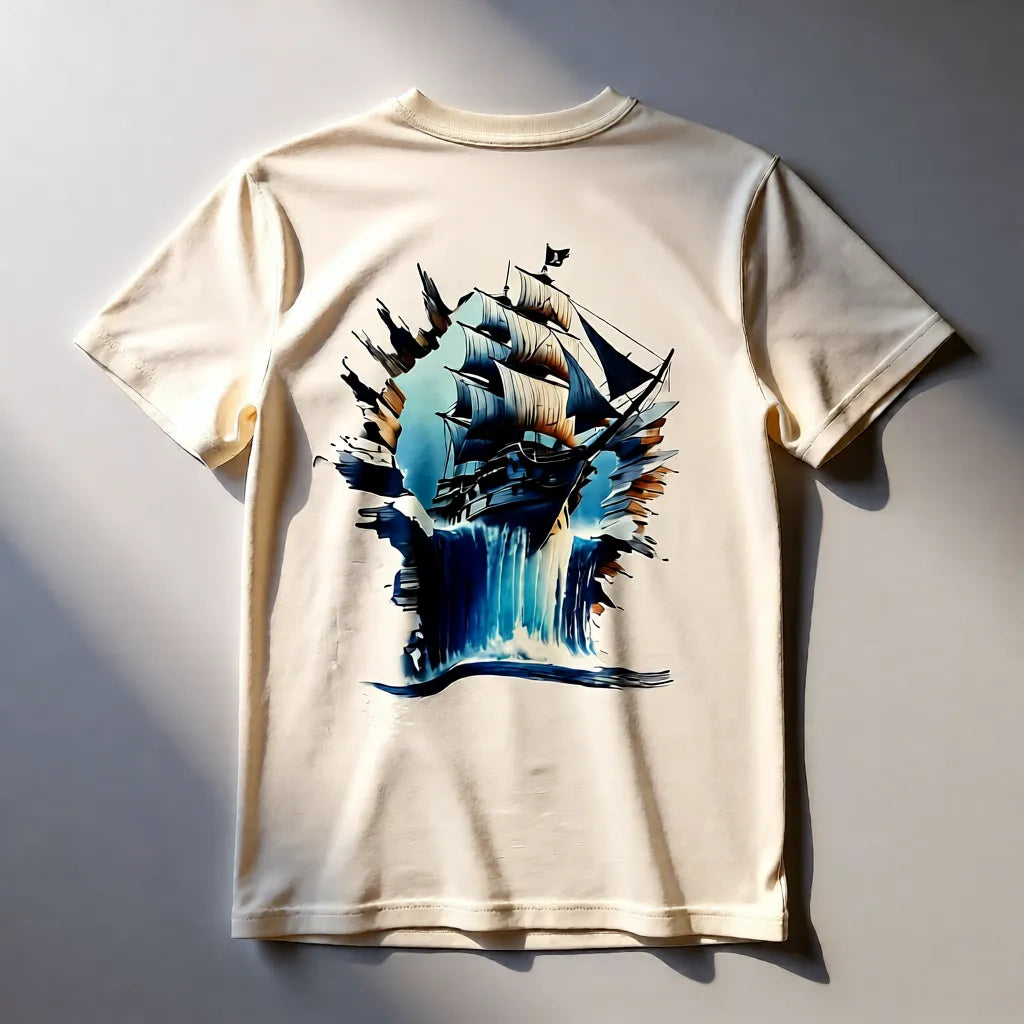Unisex T-Shirt in Beige mit Piratenschiff-Motiv auf der Rückseite, Sublimationsdruck, liegend fotografiert