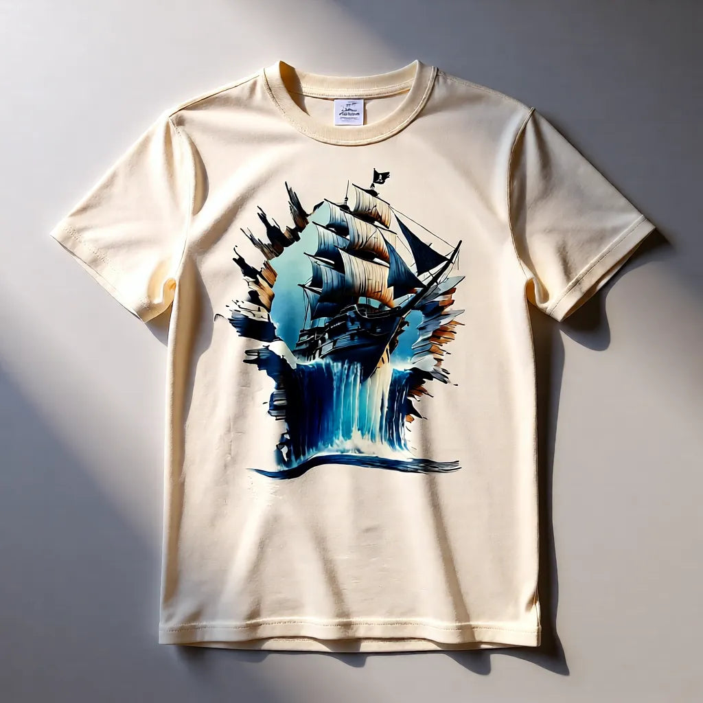 Unisex T-Shirt in Beige mit detailreichem Piratenschiff-Motiv auf der Vorderseite, langlebiger Sublimationsdruck