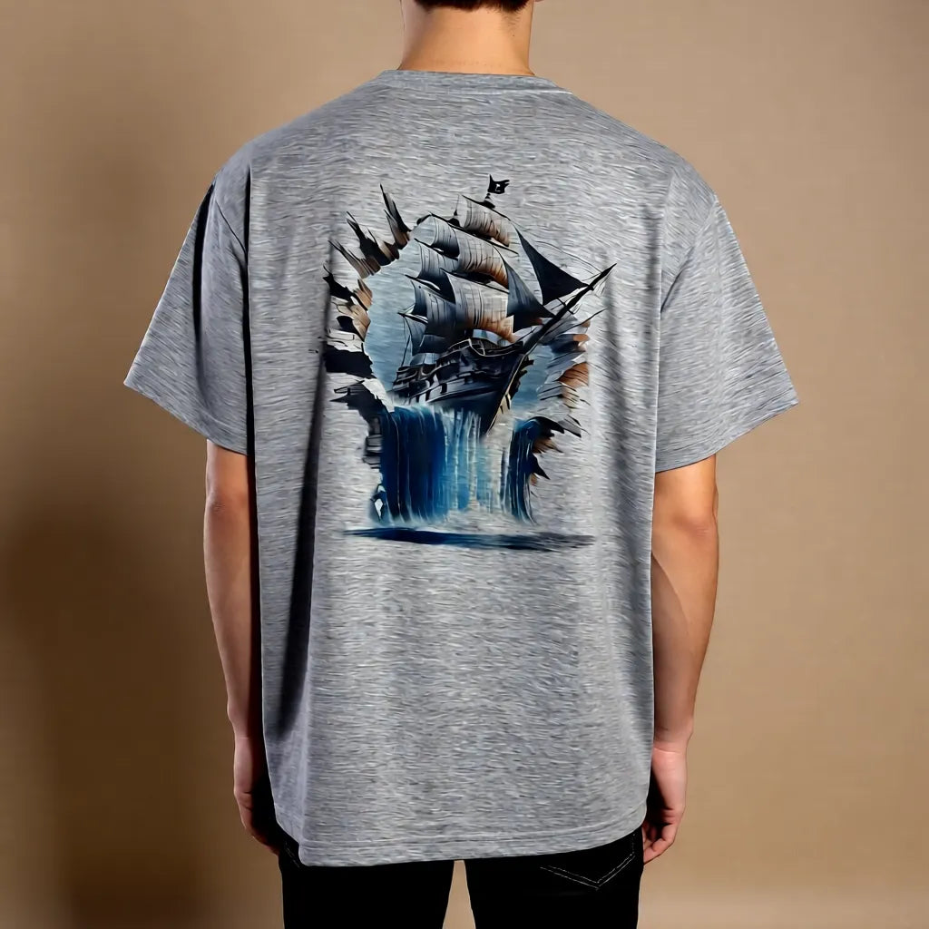 Graues Unisex T-Shirt mit großem Piratenschiff-Motiv auf der Rückseite, langlebiger Sublimationsdruck