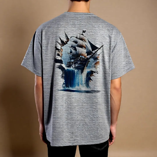 Graues Unisex T-Shirt mit großem Piratenschiff-Motiv auf der Rückseite, langlebiger Sublimationsdruck