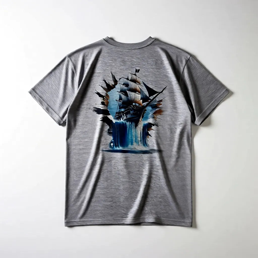 Graues Unisex T-Shirt mit Piratenschiff-Motiv auf der Rückseite, langlebiger Sublimationsdruck