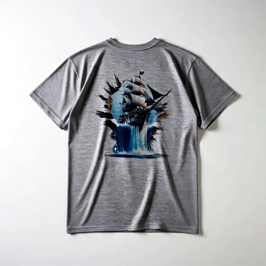 Graues Unisex T-Shirt mit Piratenschiff-Motiv auf der Rückseite, langlebiger Sublimationsdruck