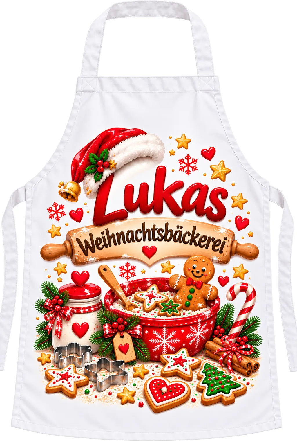 Vorderansicht der weißen Kinderschürze mit dem Beispielnamen Lukas und dem Schriftzug „Weihnachtsbäckerei“ vor weißem Hintergrund.