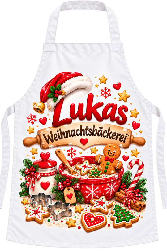 Vorderansicht der weißen Kinderschürze mit dem Beispielnamen Lukas und dem Schriftzug „Weihnachtsbäckerei“ vor weißem Hintergrund.
