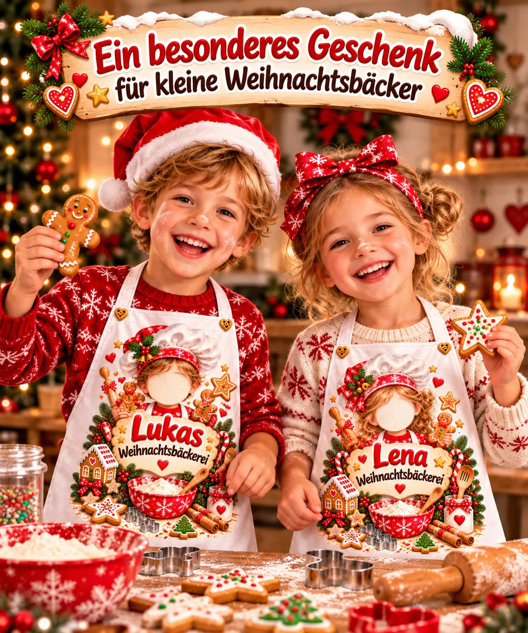 Zwei Kinder beim Weihnachtsbacken mit Schürzen namens Lukas und Lena. Die Weihnachtsbäckerei-Motive zeigen Platzhalter für eigene Kinderfotos.