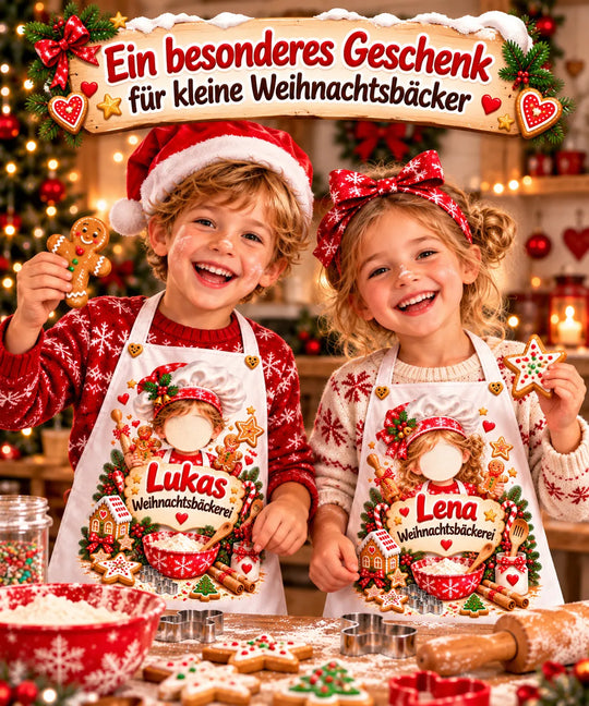 Zwei Kinder beim Weihnachtsbacken mit Schürzen namens Lukas und Lena. Die Weihnachtsbäckerei-Motive zeigen Platzhalter für eigene Kinderfotos.