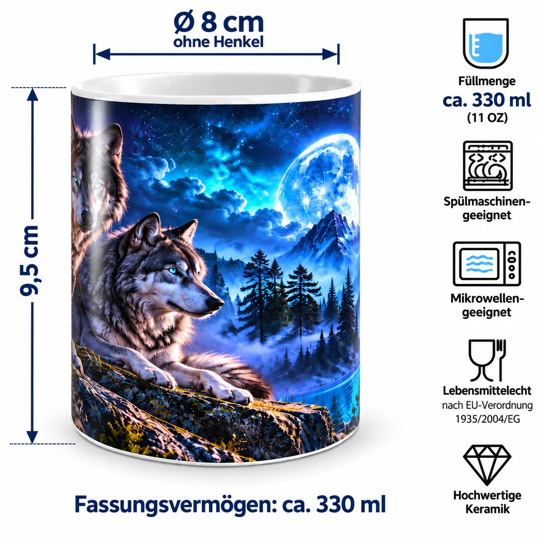 Keramiktasse mit Maßangaben: ca. 9,5 cm Höhe, 8 cm Durchmesser ohne Henkel und 330 ml Fassungsvermögen