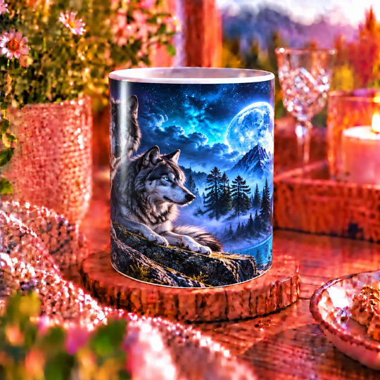 Weiße Wolf-Tasse mit zwei grau-weißen Wölfen vor einer Berglandschaft im Mondschein
