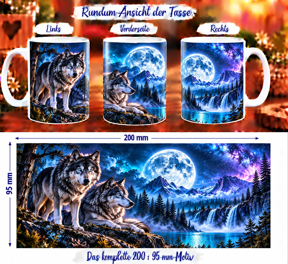 Rundumansicht der Wolf-Tasse mit zwei Wölfen, Vollmond, Sternenhimmel und Wasserfall