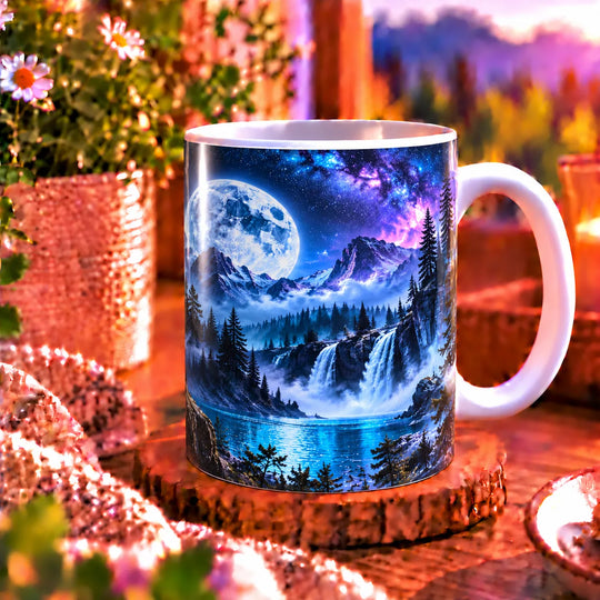 Seitenansicht der weißen Keramiktasse mit Wolfmotiv und weißem Henkel